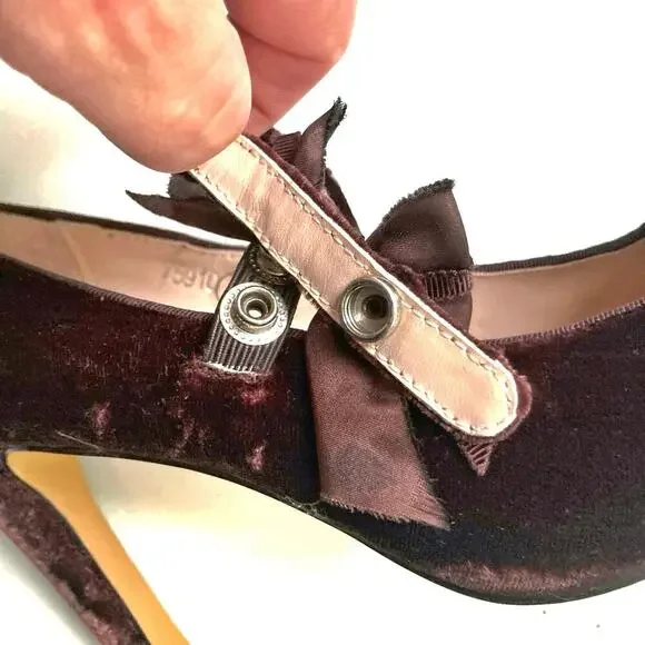 Rebecca Taylor Velvet Mary Jane Heels with Bow Romantic Fall Holiday Party Pumps - Picture 10 of 16